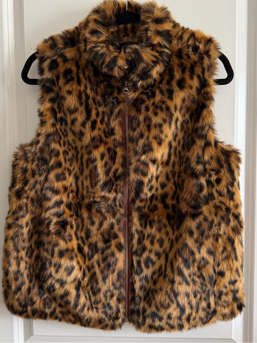 J. Crew Leopard Faux Fur Zip Vest in Brown and Black